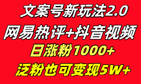 文案号新玩法 网易热评+抖音文案 一天涨粉1000+ 多种变现模式 泛粉也可变现-创客军团